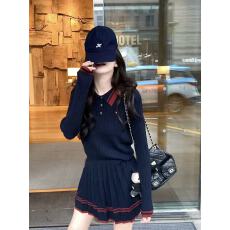 批发<b class='q'>秋</b>冬穿搭一整套学院风polo领针织百褶短裙两件套装初早<b class='q'>秋</b>爆款外穿