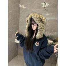 批发<b class='q'>小熊</b>刺绣美式复古藏青色毛领连帽开衫<b class='q'>卫衣</b>女秋季新款百搭拉链外套