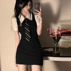 批发夏季新款学院风假两件拼接气质连衣裙纯欲风辣妹收腰弹力包臀短裙