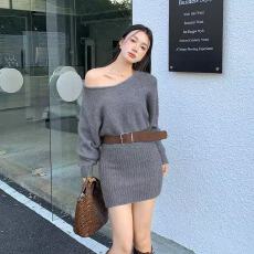 批发巨好看的早秋斜肩长袖针织<b class='q'>连衣裙</b>女秋冬收腰内搭打底<b class='q'>包臀</b>毛衣短裙