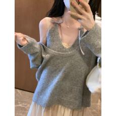 批发2026秋冬新款初恋少女露肩长袖T女蝴蝶结挂脖吊带设计感宽松套装