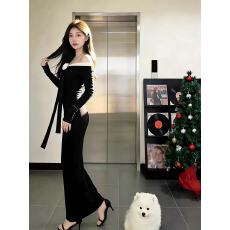 批发法式小资黑色一字肩长袖修身<b class='q'>礼服</b>高端轻奢高级感小众不撞款连衣裙