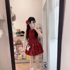 批发甜美风高级感气质红色<b class='q'>衬衫</b>花苞连衣裙女夏季新款辣妹收腰显瘦短裙