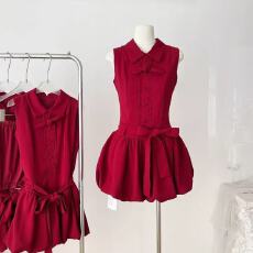 批发【原版面料】甜美风高级感气质红色衬衫<b class='q'>花苞</b>连衣<b class='q'>裙</b>女夏季小个子