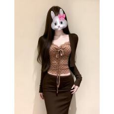 批发纯欲辣妹套装开衫<b class='q'>外套</b>女秋冬蕾丝边吊带背心上衣显瘦半身裙三件套