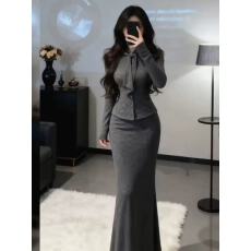 批发千金感气质修身灰色飘带上衣半<b class='q'>裙</b>女装2026春季新款高端精致两件套