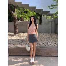 广州面料+原版做工下摆设计侧腰收褶飘带背心女粉色挂脖上衣