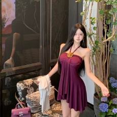 批发纯欲风性感辣妹紫色露背挂脖连衣裙女夏新款收腰显瘦气质韵味裙子