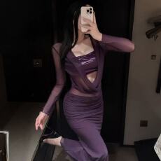 批发御姐性感辣妹紫色抹胸拼接网纱连衣裙气质高级感显身材收腰包臀裙