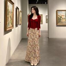 批发断码夏季法式碎花<b class='q'>半身裙</b>套装女红色吊带背心开衫上衣中长裙三件套
