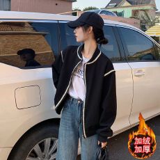 批发加绒加厚小香风外套女秋冬2024新款小个子宽松休闲黑色开衫棒球服