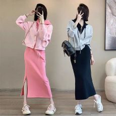 批发时尚炸街休闲运动套装女秋洋气减龄设计感假两件卫衣半身裙两件套