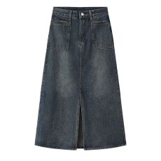 批发2025春秋新款<b class='q'>百搭</b>水泥灰开叉牛仔半身裙显瘦梨形身材高腰a字裙