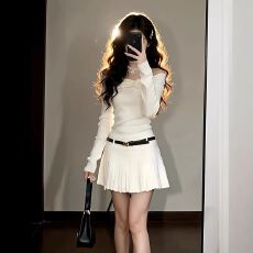 批发韩系高腰百褶短裙女秋冬气质高级感一字肩花朵针织<b class='q'>连衣裙</b>