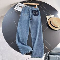 小众设计撞色直筒阔腿长裤子刺绣小花朵高腰宽松百搭拖地牛仔裤女