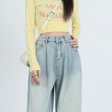 百搭韩版时尚阔腿牛仔裤女高腰春秋新款宽松显瘦垂坠感直筒牛仔