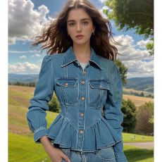 批发港风穿搭高级感复古蓝色牛仔翻领收腰显瘦长袖衬衫女