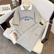 批发仿棉鱼鳞200克 网红polo运动服套装女夏季休闲短袖短裤两件套