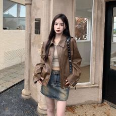 批发美式复古棕色<b class='q'>皮衣</b>外套女2026秋季新款小个子高级感pu皮<b class='q'>机车</b>夹克女
