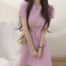 批发韩版chic夏季温柔气质圆领坑条显瘦冰丝薄款短袖包臀裙针织<b class='q'>连衣裙</b>