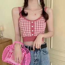 批发新款女装韩版chic复古条纹修身无袖针织背心短款百搭吊带上衣外穿