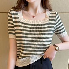 批发短袖T恤女冰丝<b class='q'>针织衫</b>高档条纹2026夏季夏款正肩方领上衣<b class='q'>薄款</b>百搭