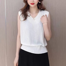 批发夏季韩版V领宽松遮肉<b class='q'>百搭</b>显瘦薄款针织上衣女竖纹气质坎肩