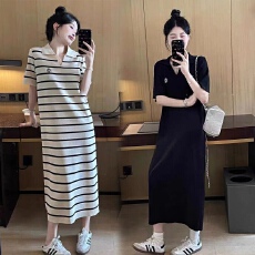 批发2026夏季新款宽松<b class='q'>显瘦</b>夏装短袖针织条纹连衣裙针织长裙裙子