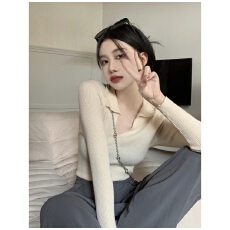 批发纯欲V领短款辣妹上衣女早秋新款修身显瘦打底衫内搭长袖针织毛衣