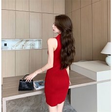 批发港味复古纯欲风辣妹翻领无袖针织连衣裙女夏季新款修身显瘦包臀裙