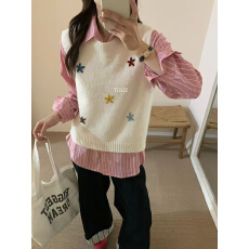 批发刺绣花朵针织马甲女学院风百搭背心时髦洋气毛衣叠穿春夏女装撞色