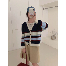 批发春秋新款V领羊毛开<b class='q'>衫</b>女宽松韩版<b class='q'>条纹</b>薄款拼色针织<b class='q'>衫</b>显瘦减龄外搭