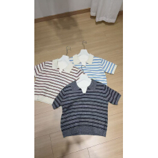 批发2026夏季新款韩版宽松条纹V领短袖针织衫女百搭显瘦翻领上衣薄款
