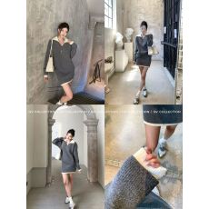 批发撞色polo领棒针上衣半身裙套装<b class='q'>秋</b>季穿搭新款女