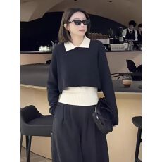 批发慵懒风时尚Polo领针织背心叠穿毛衣女2025新款秋冬撞色两件套上衣