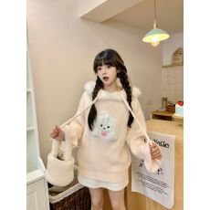 批发连帽毛衣女新款针织卡通印花套头上衣