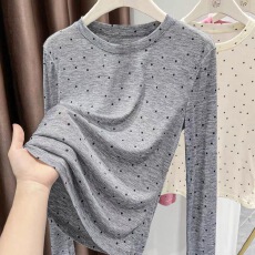 批发灰色波点天丝打底衫女2025新款圆领修身洋气内搭小衫简约气质上衣