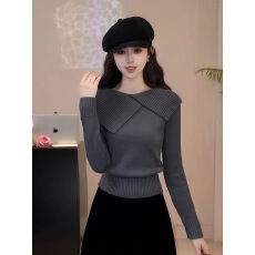 批发灰色不规则大翻领长袖针织衫女2025年秋冬季新款气质<b class='q'>休闲</b>显瘦上衣