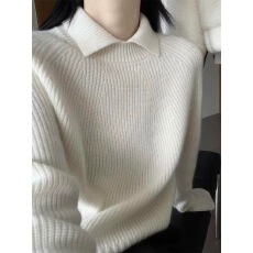 小个子白色翻领羊绒套头毛衣女秋冬慵懒风宽松保暖内搭可外穿上衣