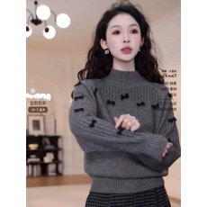 批发半高领蝴蝶结毛衣女秋冬新款氛围感慵懒风宽松显瘦百搭针织衫上衣