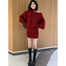 批发红色氛围感加厚一字肩针织毛衣短裤套装女独特漂亮超火<b class='q'>冬</b>装一整套
