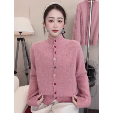批发<b class='q'>甜美</b>风粉色纽扣立领长袖毛衣开衫女2026新款早春宽松显瘦休闲上衣