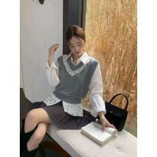 批发2025秋季新款实拍韩系提花衬衣针织马甲两件套