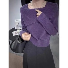 批发跨境外贸<b class='q'>欧洲</b>站秋冬欧货一字领露肩纯色高级感针织衫女慵懒风毛衣