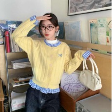 批发外贸亚马逊韩系格纹拼接毛衣外套女时髦洋气单排扣宽松针织开衫