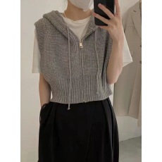 批发外贸<b class='q'>韩国</b>秋冬新款抽绳无䄂双拉链宽松连帽短款针织开衫马甲背心女