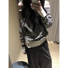 批发<b class='q'>外贸</b>早秋季长袖t恤女新款设计感韩系慵懒条纹一字肩毛衣针织上衣