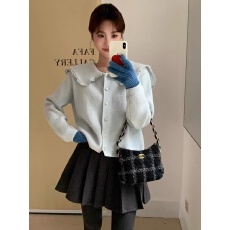 批发跨境外贸娃娃领边拼接开衫<b class='q'>蕾丝</b>新款毛衣秋冬季针织衫短款洋气长袖