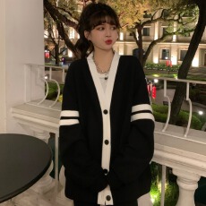 批发亚马逊秋冬新款v领针织开衫外套女设计感毛衣bf慵懒风中长款上衣