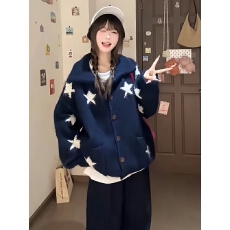批发外贸韩系星星翻领口袋针织开衫女秋冬新款慵懒时尚宽松显瘦外套